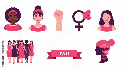 International Women's Day Celebration with Diverse Women and Symbols of Empowerment and Equality