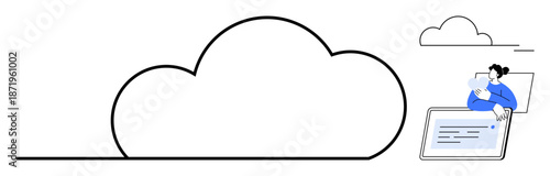 Cloud computing concept. Cloud shapes signify digital storage and online services. Cloud computing enables data storage, remote access, and file sharing. For technology, business, SaaS, networking