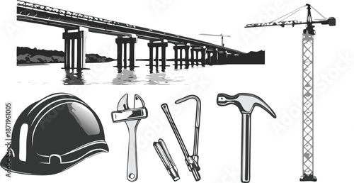 Construction tools and bridge silhouette at night