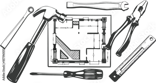 Modern tools and blueprint on black background for construction projects