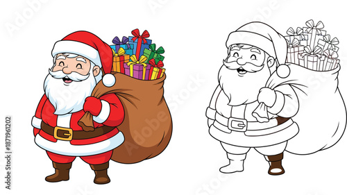 Cartoon Santa Claus carrying sack full of gifts, colored and outline version for coloring book, vector illustration isolated on white background