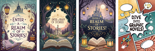 Diverse graphic novel covers showcase creativity and bold greetings for literary events