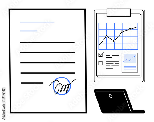 Business, data analytics, online contracts, productivity, financial growth, documentation. Signed document, clipboard with charts and laptop. Business and data analytics concepts
