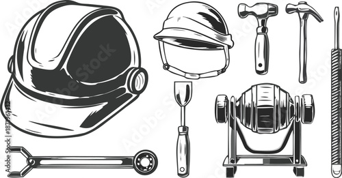 Construction tools and safety gear for industrial work