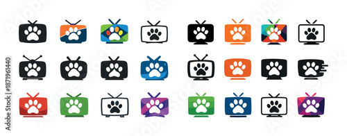 Colorful paw icons on tv screens - pet media concept