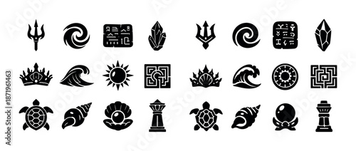 Set of black minimalistic icons featuring nature and mythology symbols