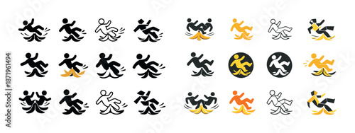 Slip hazard icons in various styles and colors