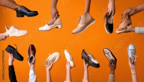 Assortment of Stylish Footwear - A Colorful Display of Shoes Against Orange Backdrop.