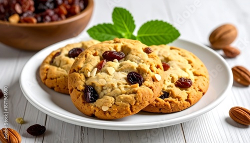 Delicious Homemade Oatmeal Raisin Cookies with Nuts and Mint Garnish.