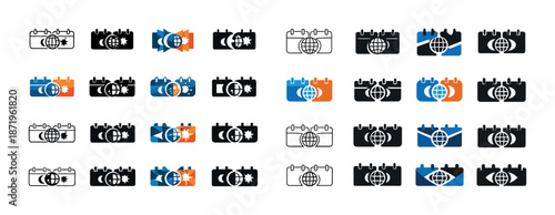 Calendar icons with global and astronomical symbols in various colors