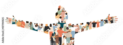 Silhouette of man with his arms outstretched for a hug. Set of different people hugging each other. 