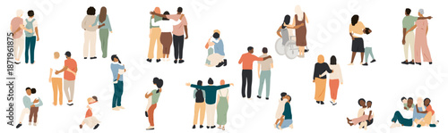 Collection of different people hugging each other.