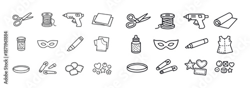 Craft tools and supplies icons: scissors, glue, fabric, safety pins, glitter