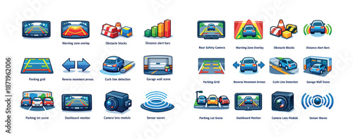 Car safety and parking technology icons with sensor features