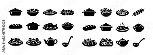 Silhouette icons of various foods and dishes including soup, fish, and bread