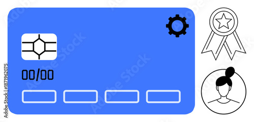 Digital payment, identity verification, cybersecurity, user authentication, rewards management, online profiles. Blue smart card, gear icon badge and user avatar. Identity verification and security