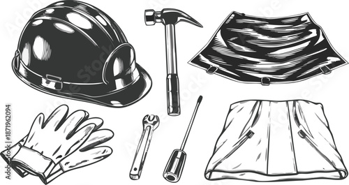 Construction tools and safety gear on black background