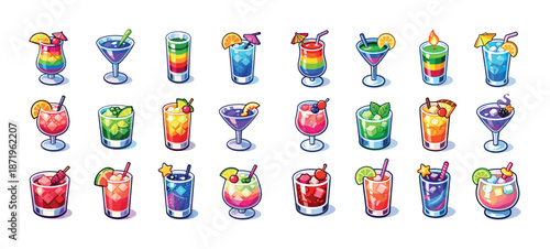 Colorful assortment of vibrant cocktails with garnishes