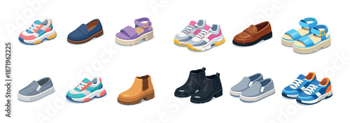 Collection of various colorful footwear including sneakers, loafers, and sandals