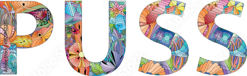 Word PUSS. Vector zentangle object for decoration