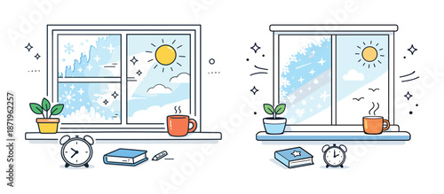 Cozy indoor scenes with window views of sunny and wintery landscapes