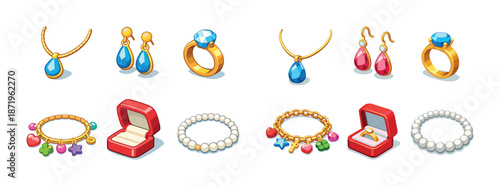 Colorful jewelry set with necklaces, earrings, rings, bracelets, and gift boxes
