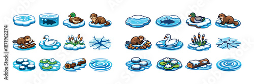 Cartoon winter pond animals and icy landscapes with beavers and ducks
