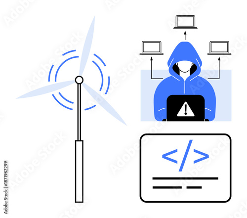 Renewable energy, cybersecurity, hacking threats, coding, technology integration, and sustainable innovation. Wind turbine, hacker in a hoodie and code snippet featured. Cybersecurity and renewable