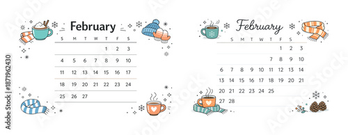 February calendar layout with cozy winter elements and dates