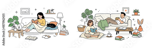 Young adults relaxing and reading at home in cozy settings