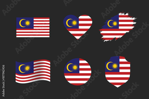 Malaysia flag wavy, shield, round, brush, heart icon collection