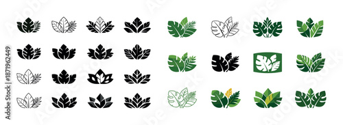 Set of monstera leaf icons in various styles and colors