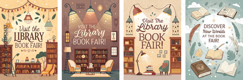 Whimsical literary adventure poster collection featuring cozy libraries and magical book fairies