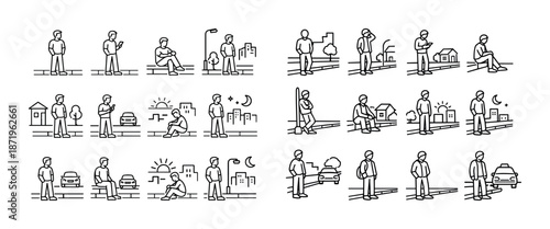 Diverse line art illustrations of people in urban settings day and night