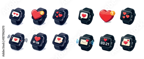 Smartwatch icons displaying notifications and heart symbols