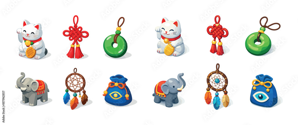 Fototapeta premium Lucky charms collection: maneki neko, elephants, dreamcatchers, evil eye, symbols of fortune