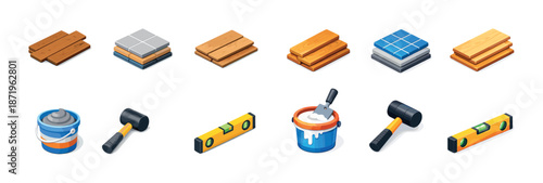 Isometric construction tools and materials: tiles, wood, paint, mallet, level
