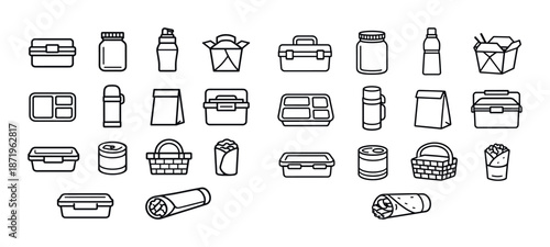Collection of lunch containers and bottles