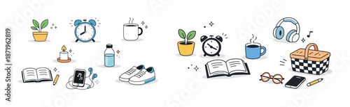 Creative doodles of everyday objects including clock, coffee, books, and plants