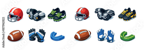 American football equipment icons set with helmets and shoes