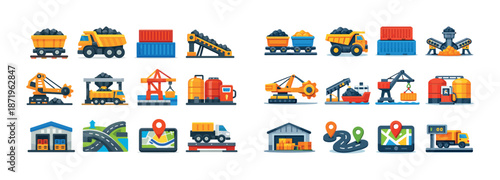 Industrial logistics and transportation icons set featuring construction vehicles and equipment