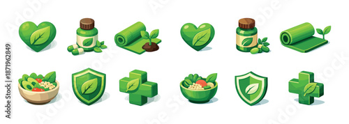 Green wellness icons: yoga mat, leafy shield, salad bowl, and herbal supplements
