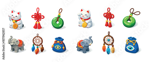 Lucky charms collection: maneki neko, elephants, dreamcatchers, evil eye, symbols of fortune