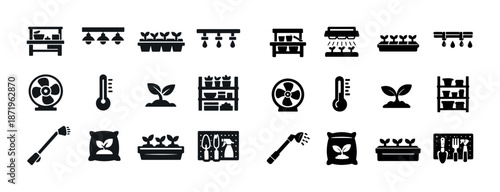 Hydroponic farming icons set: equipment and plant growth symbols