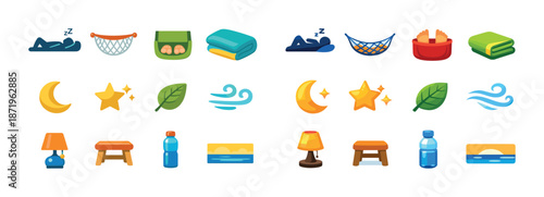 Collection of sleep and nature icons featuring stars, moons, leaves, and water symbols