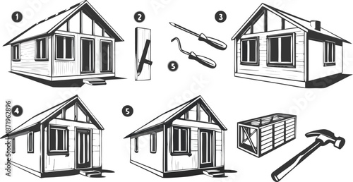 Step-by-step house construction process illustration