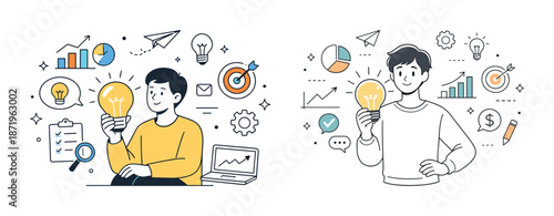 Creative young adults with light bulb ideas surrounded by business and innovation icons