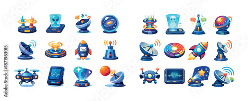 Futuristic space technology icons and alien communication devices