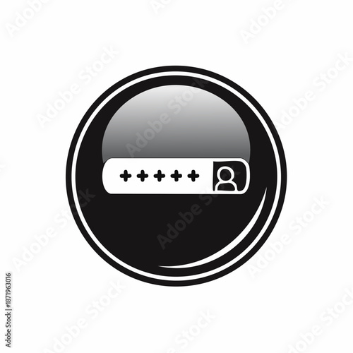 Illustration of a black circular login icon with a password field and user profile symbol on white background