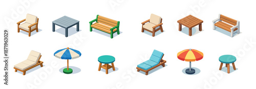 Collection of isometric outdoor furniture including chairs, tables, benches, and umbrellas